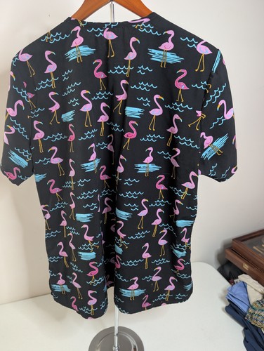 Flamingo Print Scrub Top Black Pink Blue V-Neck Pockets Medical Uniform Women's