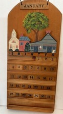 Vintage Wooden Perpetual Calendar Wall Hanging Village Scene + Holiday Tiles