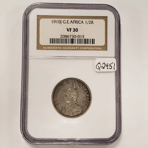 1910-J German East Africa 1/2 Rupie .1719 oz ASW - NGC VF 30 - Q2451