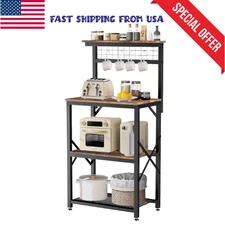 Rustic Kitchen Bakers Rack with Shelves Hooks Microwave Stand Coffee Bar