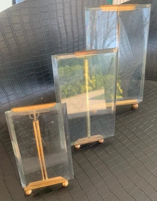 3 porte photos ancien en verre biseauté avec montures en laiton doré - Photo 1/3