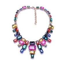 Bold Multicolor Chunky Statement Necklace Gift for Women Geometric Crystal Jewel