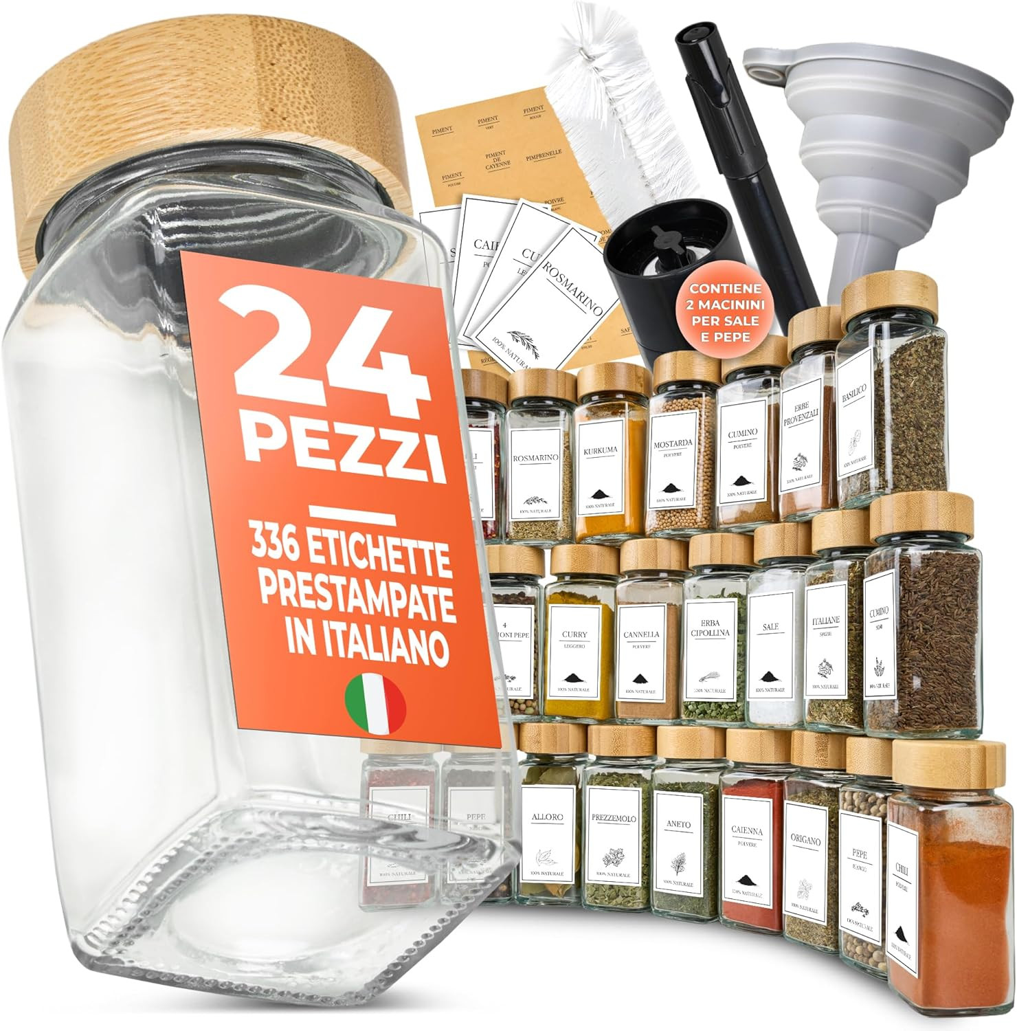 Barattoli Spezie Vetro e Bambù 24 Pezzi con Etichette Eco-Friendly