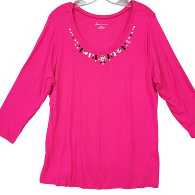 Lane Bryant Pink Shirt Stretch Preppy Beaded Scoop Chic 3/4 Sleeve Women Size 14
