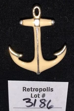 Enamel Gold Tone Nautical White ANCHOR Pin Brooch Vintage 