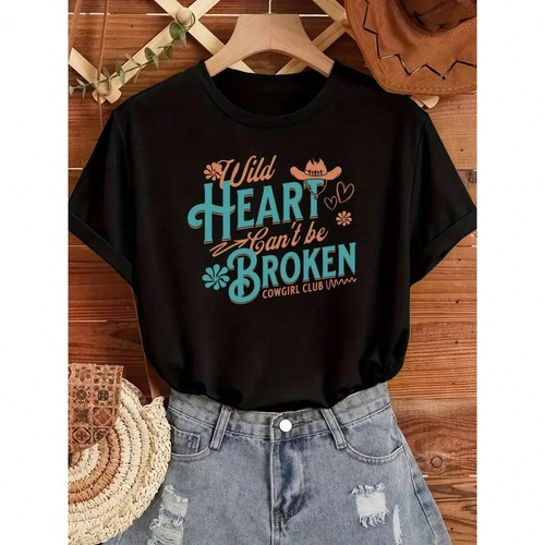 Inspirational Letter Printed T-shirt, Women's Loose Fit Round Neck Top - Picture 9 of 12