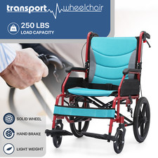 Folding Lightweight Transport Wheelchair w/ Solid Wheels Handbrakes