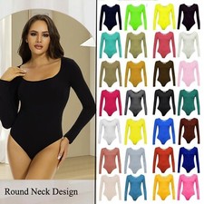 Ladies Women Scoop Neck Bodysuit Long Sleeve Leotard Plain Stretch Top Casual