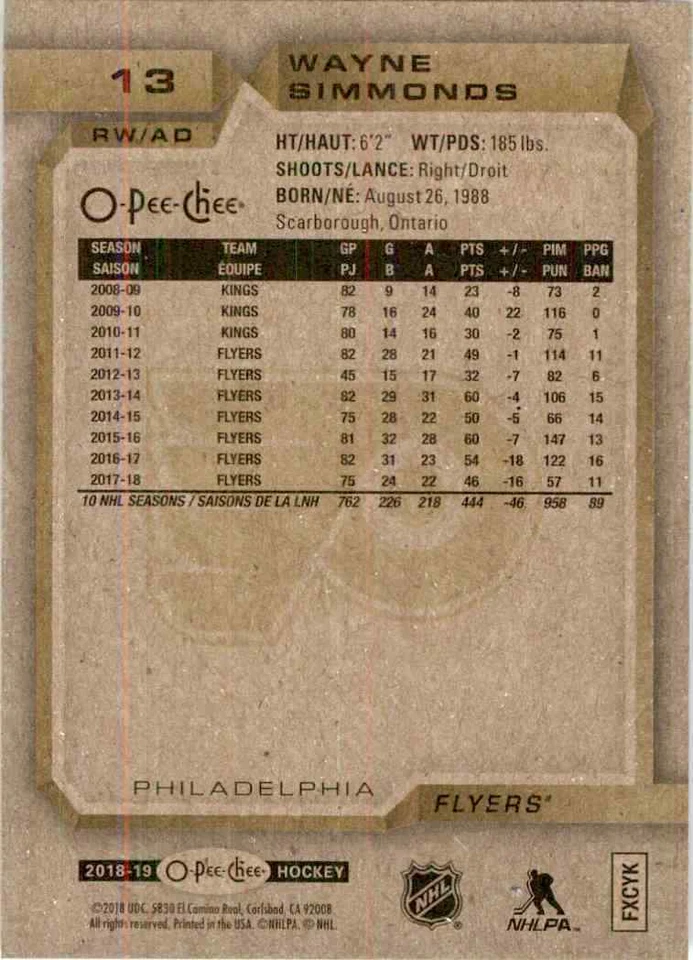 2018-19 O-Pee-Chee Wayne Simmonds #13 - Image 2 of 2