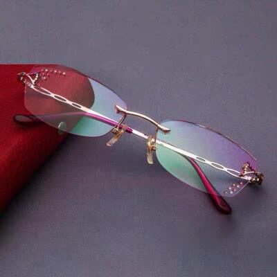 Rimless Blue Light Blocking Reading Glasses Women Diamond Gradient Pink Readers