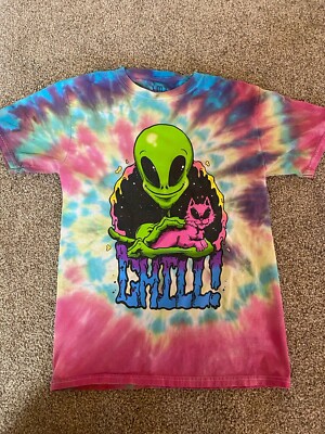 Isaac Morris Tie Dye Chillin Alien Cat Graphic T Shirt Small
