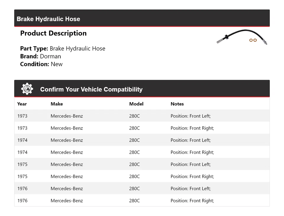For 1973-1976 Mercedes-Benz 280C Dorman Brake Hydraulic Hose 1974 1975 - Image 2 of 4
