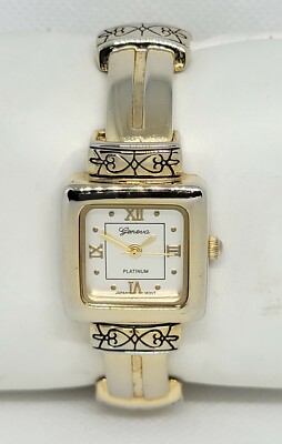 Ladies Geneva Platinum Gold Tone Rectangle Cuff Bracelet Analog Watch E9