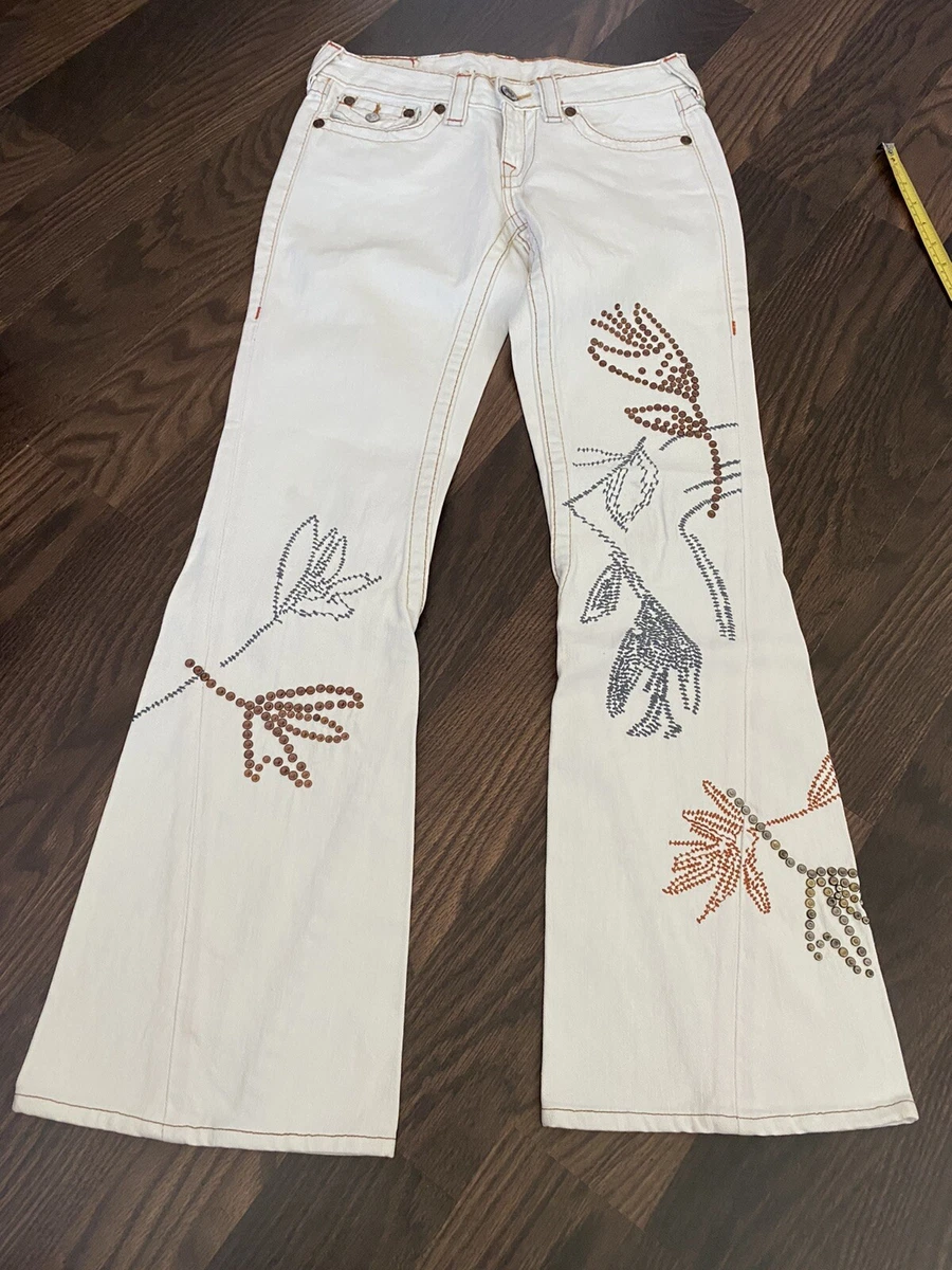 true religion flare jeans 27 with studs and rhinestones, white color