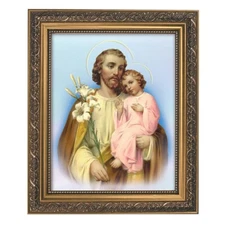Saint Joseph and Child Framed Print Under Glass W/ Gold Finish Frame, 12.5" High