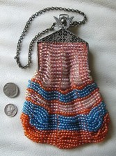 Antique Art Deco Silver Butterfly Filigree Frame Orange Crochet Blue Bead Purse