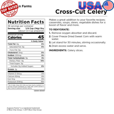 Dehydrated Cross-Cut Celery 18oz Can Gluten-Free 36 Servings 25-Year Shelf Life