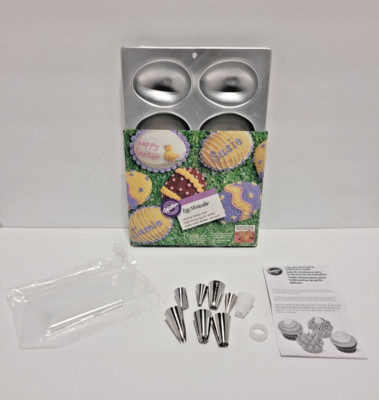 Vtg 1989 Wilton Easter Egg Minicake Pan Aluminum and Decorating tips w/bags