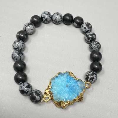 Stone Beaded Bracelet Black Gray Obsidian Blue Druzy Gemstone Gold Gilt Stretch
