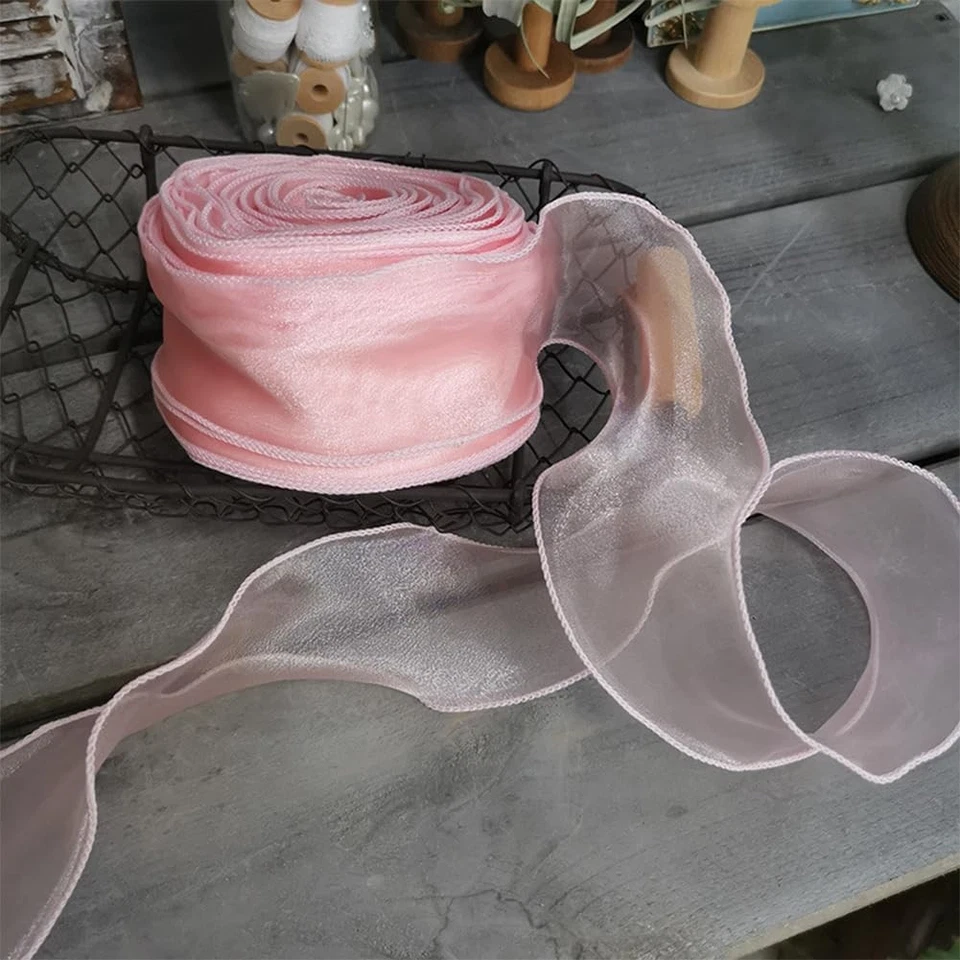 38 Yards 2 Inch Pink Sheer Ribbon Wired Transparent Organza Ribbon Sweet Rose Cl - Image 4 of 4
