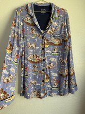 Nick Nora Blue Puppy Dog Bath Button Pajama Top Sleepwear Loungewear Size L