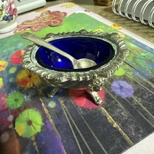Raimond Salt Cellar 60’s Cobalt Blue Glass in Silver Plate Cup  Spoon
