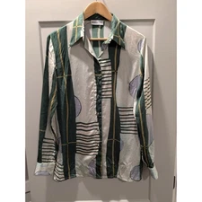 Sika'a London Silk Button Down Blouse Abstract Green Eclectic Print Sz 10 (Read)