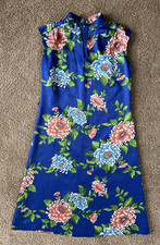 Vtg Hilo Hattie Oriental Style Blue Floral Hawaiian Aloha Dress-NO BELT-Size 12