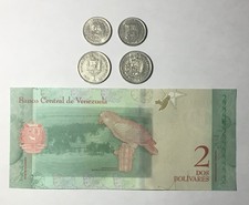 Lot 4 Coin Venezuela 50 centimos 1965 1985 1 bolivar 1967 & banknote 2 bolivares