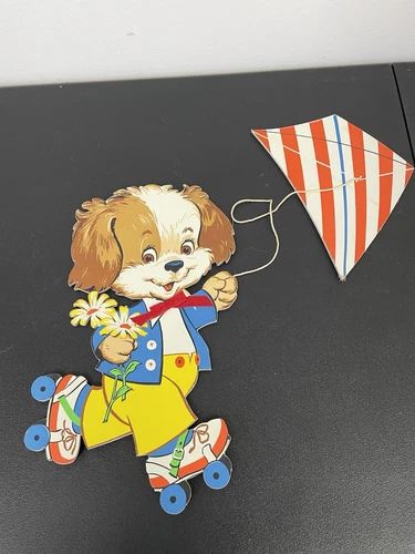 Vtg. 50's Nursery Wall Hangings. Pressed Cardboard, Dog on Skates w/Kite & Bird