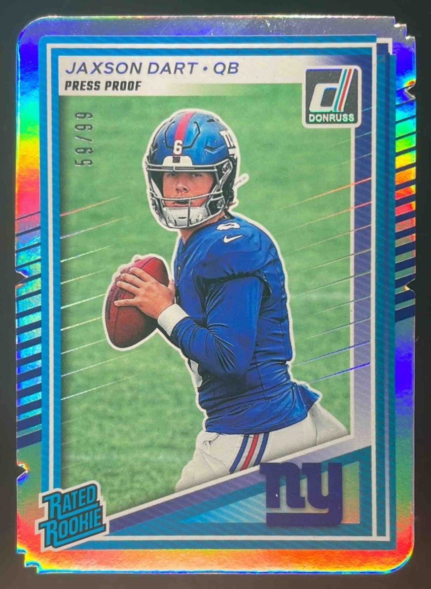 2025 Donruss Jaxson Dart Rated Rookie Press Proof Silver Die-Cut RC #59/99