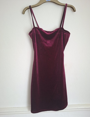 boohoo Burgundy Velvet Scoop Neck Strappy Sleeveless Slip Dress Short UK 10