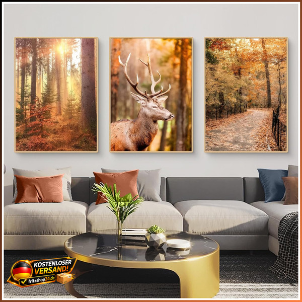 Poster Set 3Er Leinwandbilder Aesthetic Hirsch Vintage Herbst 40X50Cm Wandbilder-image