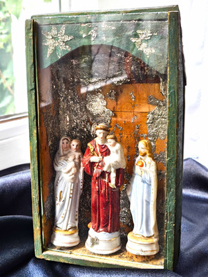 Alter Hausaltar Schaukasten Madonna Jesuskind Herz Jesu wohl frühes 20. Jh.