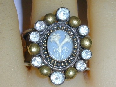 RARE MARS & VALENTINE STERLING BRASS BOLD CAMEO RING W/ WHITE & BLUE TOPAZ- SZ 9