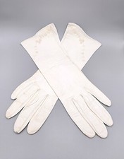 Women's Vintage Long White Leather Flower Embroidered Cocktail Gloves Size 8