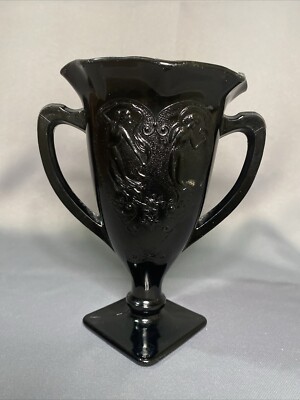 Vintage 1950 s LE Smith Black Glass Trophy Vase Double Handled Dancing Ladies