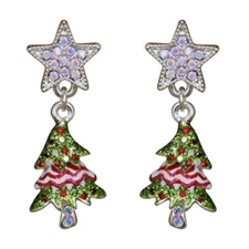 Kirks Folly Starlight Dancing Christmas Tree & Star Pierced Earrings Silvertone