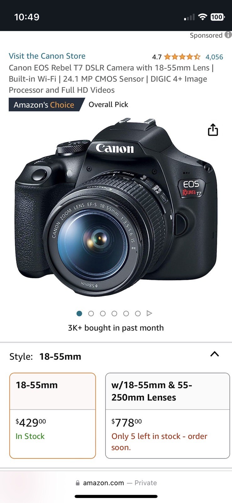 Canon EOS Rebel T7 DSLR Camera with 1855mm Lens Kit 2727C003