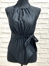 Womens Large One-Piece Swimsuit Black Padded Bra Halter Top Keyhole Tie Waist