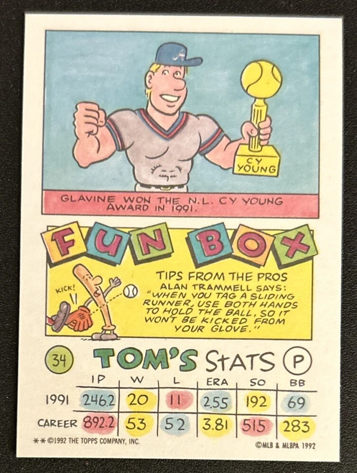 1992 Topps Kids Tom Glavine Baseball Card #34 Braves HOF EXMT O/C - Image 2 of 2