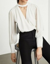  298 NWT BCBGMAXAZRIA Sz2 EMBELLISHED LONG SLEEVE FAUX WRAP BODYSUIT GARDENIA