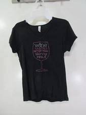 Womens Chriss Stuff Top Size M Black Bling WINE TASTES BETTER THAN SKINNY FEELS