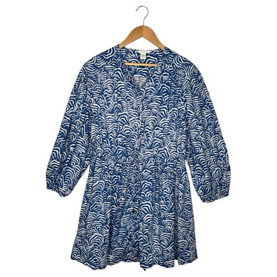 H And M Dress Womens M Linen Blue White V Neck Long Sleeve Geometric Full  Button | eBay