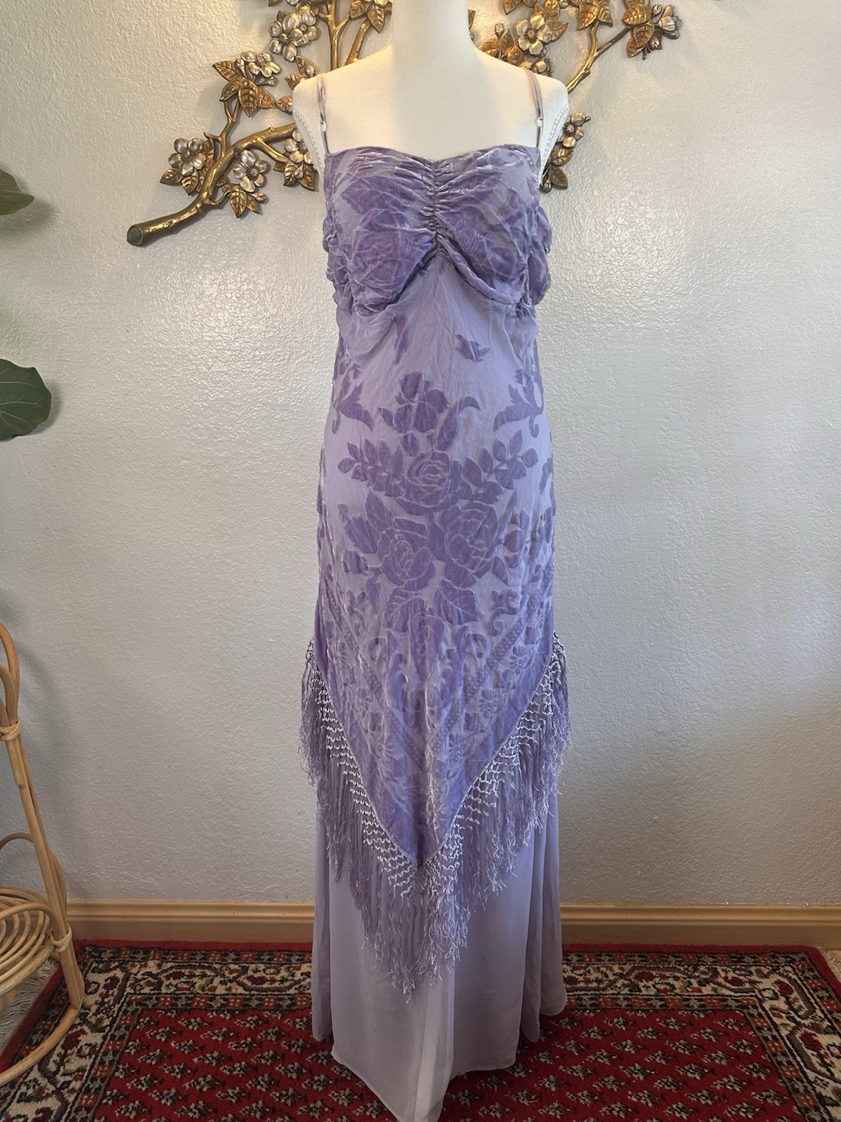 Lavender Velvet Floral Maxi Dress with Fringe Sleeveless Spaghetti Straps