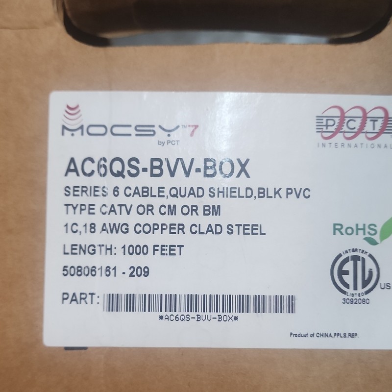 COAX RG6, MOCSY Quad Shield CATV Cable 18 AWG 3GHZ Black PVC 900ft