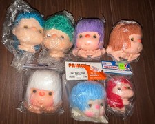 Lot 7 Vintage Mitzy Doll Heads And Hands Blue Green Purple White Red Yarn Hair