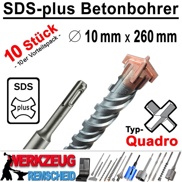10 X Sds-Plus Quadro Hammerbohrer Bohrhammer Beton Stein Bohrer Ø 10 Mm X 260 Mm-image