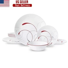 12-Piece Round Dinnerware Set Vitrelle Glass Durable Tableware Dish Set New