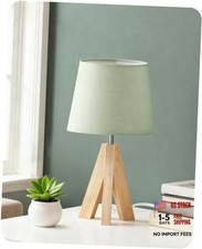 Tripod Table Lamp, Small Bedside Lamp with Wood Base  Green Green Natural Wood